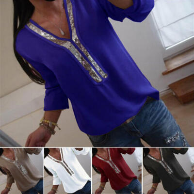 

Plus Size Women V-neck Chiffon Shirt Blouse Casual Loose Sequin Top T-Shirt