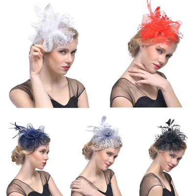 

Women Ladies Elegant Headband Veil Hat Feather Mesh Wedding Garden Party Headwear