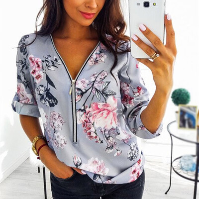 

Women Floral Long Sleeve Zipper V Neck Blouse Top Ladies Casual OL Work T Shirt