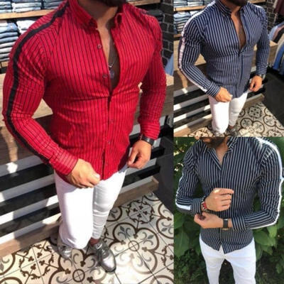 

New Luxury Shirts Mens Casual Formal Slim Fit Stripe Shirt Top Long Sleeve