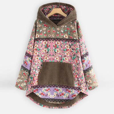 

Toponeto Women Fleece Patchwork Floral Print Long Sleeve Pockets Plus Size Hoodie Top