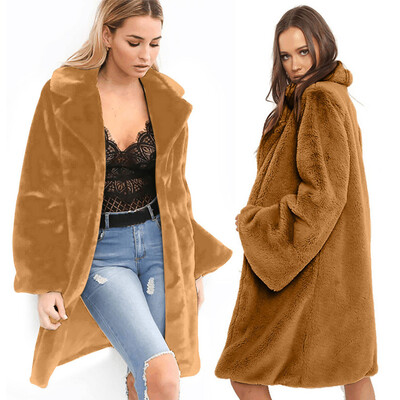 

Roseonmyhand Fashion Women Solid Medium Long Windbreaker Turn-Down Collar Warm Plush Coat
