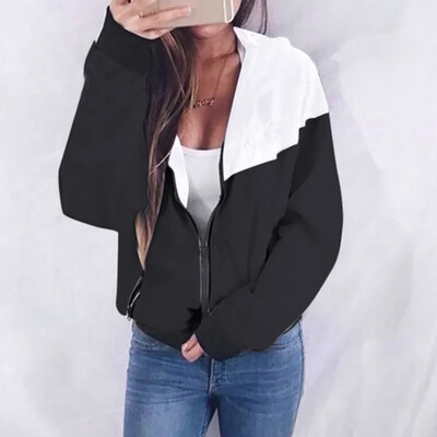 

Toponeto Women Long Sleeve Patchwork Thin Skinsuits Hooded Zipper Pockets Sport Coat