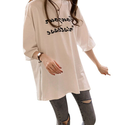 

Cotton Casual Letter Print Long Tshirt Round Neck Half Sleeve Womens Tops Summer New Arrival Harajuku Loose Side Split T-shirt