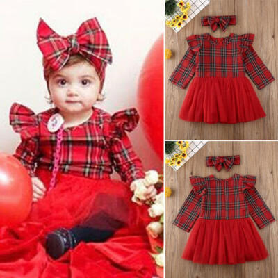 

US Toddler Baby Girl Christmas Clothes Plaid Long Sleeve Tutu DressHeadband Set