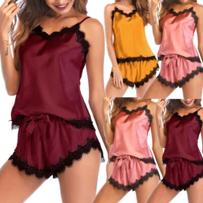 

2Pcs Ladies Sexy Satin Silk Sleepwear Babydoll Lingerie Nightdress Pyjamas Suit