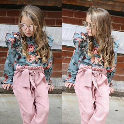 

US Sweet Toddler Baby Girls Fly-Sleeve Floral Kid Tops Trousers Pants Clothes