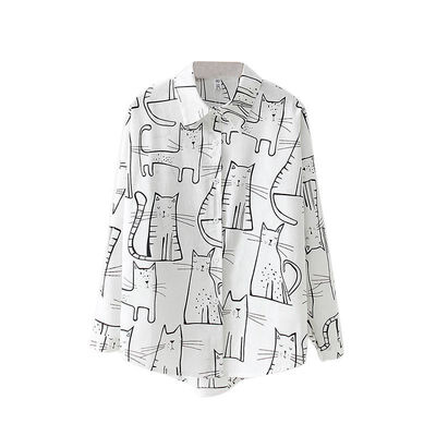 

Women Fashion Turn Down Collar Long Sleeve Shirt Blouse Shirt Cute Cat Print Loose Casual Blosues Cotton Tops Ladies Blusa