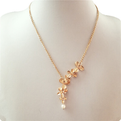 

925 Sterling Silver Gold Orchid Flower With Pearl Pendant Necklaces Long Chain Collars Necklace For Women
