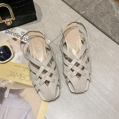 

Summer Baotou hollowed out breathable cross belt knitting Roman shoes retro low heel&back tripping sandals girl