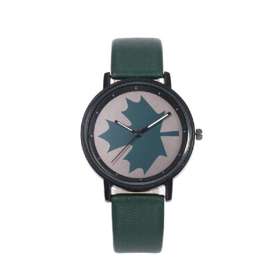 

Women Maple Pattern Wrist Watch Lady Fashion Alloy Case Leather Band Quartz Watch