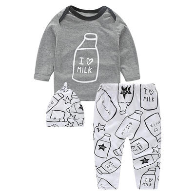 

3pcs Baby Boy Long Sleeve T Shirt Bottle Print Pants Hat Set Cotton Clothes