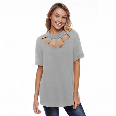 

Solid color round neck short-sleeved openwork back button casual top
