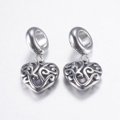 

304 Stainless Steel European Dangle Beads Heart Large Hole Pendants Antique Silver 22mm Hole 5mm Pendant 11x11x4mm