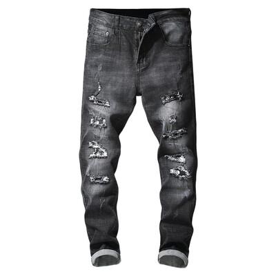 

Ripped Hole Skull Patchwork Slimming Jeans