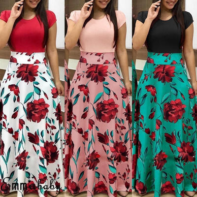 

Womens Floral Long Maxi Dress Short Sleeve Evening Party Summer Beach Dress