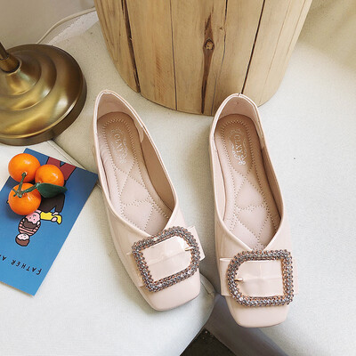 

Square head shallow mouth shoes women 2019 spring patent red flat shoes fairy wind Joker rhinestone soft bottom bean shoes