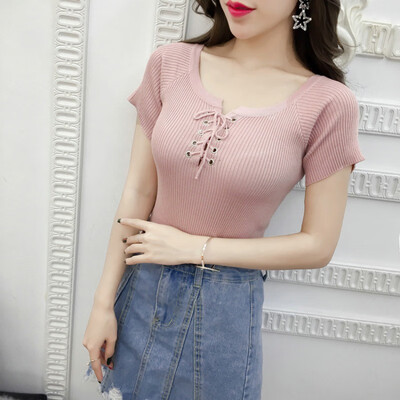 

Summer sweetly solid short sleeved knitted t shirt  women slim tops dropshipping
