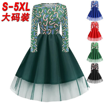 

F5347 cross-border Christmas explosions autumn&winter round neck long-sleeved print upper body contrast color solid color gauz