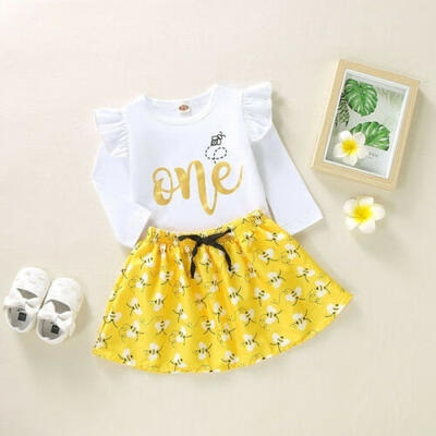 

Newborn Baby Girls Clothes Ruffle Long Sleeve White Top T-ShirtYellow Skirt Infant Outfits Set Autumn Suit 0-24Months