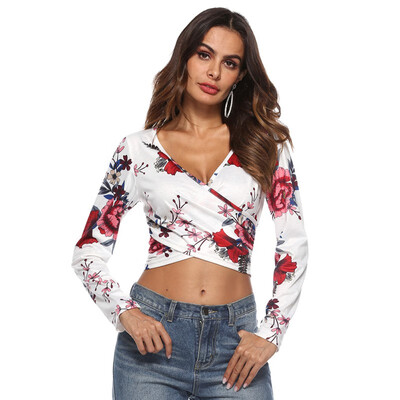 

Sexy Cross Wrapped Chest Exposed Female T-shirt New Print Long Sleeve T-shirt Woman V Neck Exposed Umbilical Tees Casual Tops