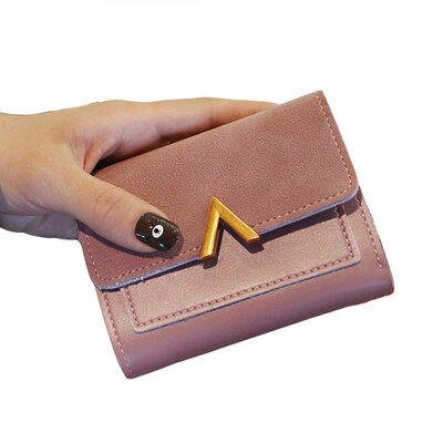 

Fashion Women V Letter Solid Color Faux Leather Short Wallet Clutch Matte Purse