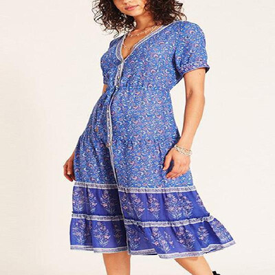 

Allover V-neck Front Buttons Midi Skater Dress