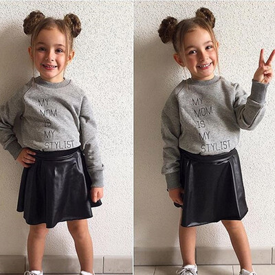 

Toddler Baby Girls Letter Print Tops Solid Leather Skirt Outfits Clothes Set