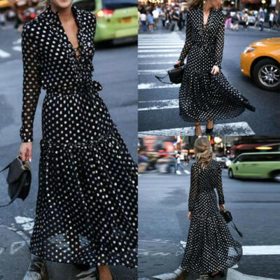 

Womens Boho Long Maxi Dress Beach Cocktail Evening Party Polka Dot Draped Dress