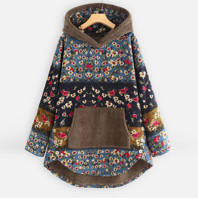 

Tailored Women Fleece Patchwork Floral Print Long Sleeve Pockets Plus Size Hoodie Top