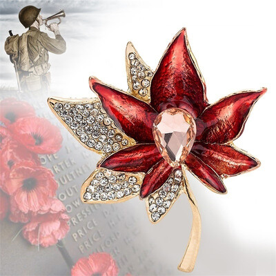 

Women Red Poppy Brooch Pin Crystal Badges Broach Poppies Luxury Petals
