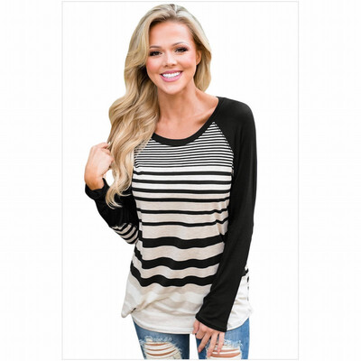 

Round neck long sleeve striped stitching shirt casual shirt womens
