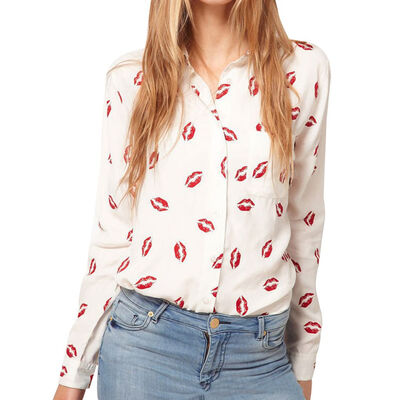 

Women Lips Printed Turn Down Collar Chiffon Blouse Lady Shirt Long Sleeve Top