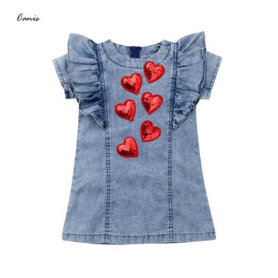 

Infant Kid Baby Girls 3D Heart Party Pageant Denim Summer Cotton Dress Sundress
