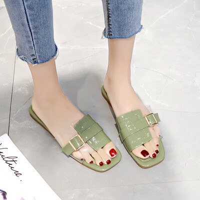 

South Korea east gate sandals&slippers fairy Feng Xia 2019 fashion splice new buckle transparent square head flat bottom drag