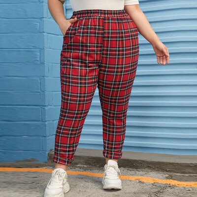 

Gobestart Fashion Women Casual Plus Size Plaid High Waist Elastic Sport Fitness Pants