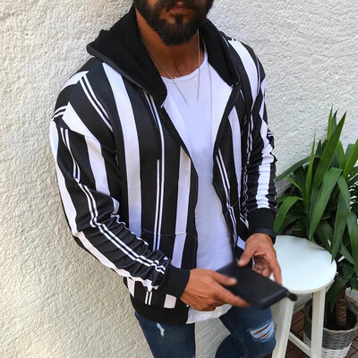 

Men Long Sleeve Hoodie Coats Pocket Zipper Oversize Stripe Patchwork Jacket Tops