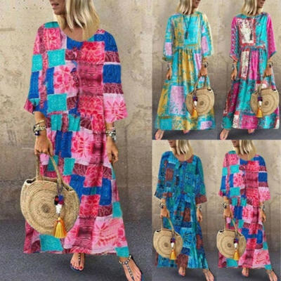 

Plus Size Women Boho Cotton Linen Long Maxi Dress Long Sleeve Maxi Beach Dress Casual Boho Kaftan Tunic Gypsy Ethnic