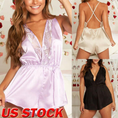 

US Womens Lace V-Neck Backless Jumpsuit Lingerie Sleepwear