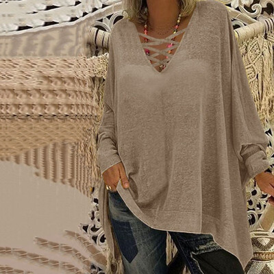 

Women Casual Loose V-collar Long sleeved Bat Sleeve Shirt