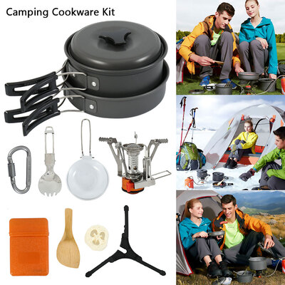 

Bisgear 14 Pcs Camping Cookware Stove Carabiner Canister Stand Tripod Folding Spork Set Outdoor Camping Hiking