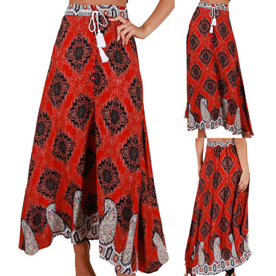 

Roseonmyhand Summer Women Bohemian High Waist Bandage Button Beach Print Maxi Skirt