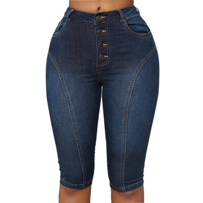 

〖Follure〗Women High Waist Button Down Pockets Denim Skinny Knee-Length Shorts Jeans Pants