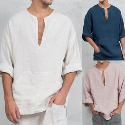 

Long Sleeve Linen Shirt for Men Loose Summer Casual V-Neck Shirts Tops