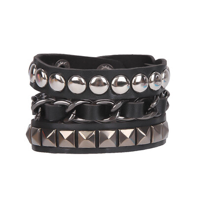 

Unisex Cool Rock Punk Multi-tier Faux Leather Stud Chain Wristband Bracelet Gift