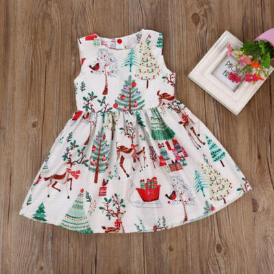 

US Toddler Kids Baby Girl Christmas Cartoon Deer Sleeveless Party Dress Clothes