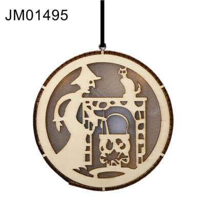 

Wooden Round Haunted Witch Hollow Box LED Night Light Pendant Halloween Decor
