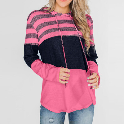 

Tailored Womens Long Sleeve Striped Color Block Drawstring Hoodie Top Blouse