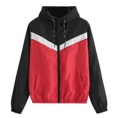 

Toponeto Women Long Sleeve Patchwork Hooded Zipper Pockets Casual Sport Coat