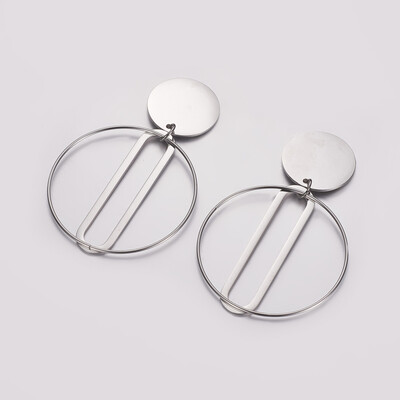 

304 Stainless Steel Dangle Stud Earrings Ring&Oval Stainless Steel Color 64mm Pin 08mm